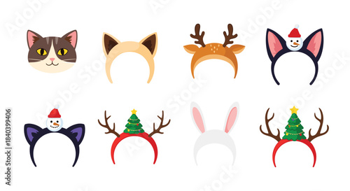 Cheerful collection of festive headbands and hats featuring cat ears reindeer antlers bunny ears Santa hats and Christmas trees for playful holiday photos.