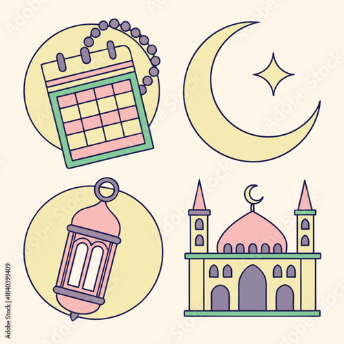 Ramadan moon, star, lantern, calendar, and mosque icons symbolize fasting month and religious observance