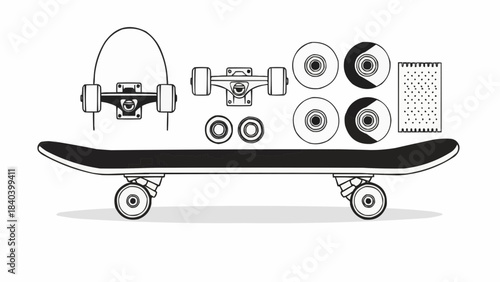 Skateboard with parts and accessories in flat design on white background  