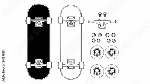 Skateboard parts illustrated with wheels, trucks, and screws layout  