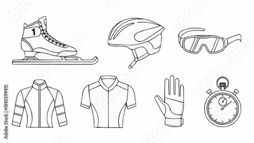 Skating equipment including skates, helmet, gloves, and stopwatch  