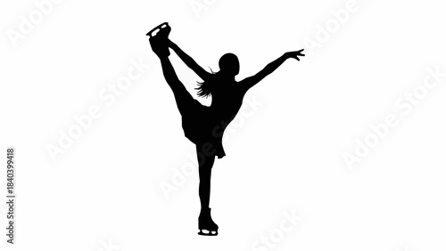 Female figure skater performing elegant pose on ice rink  