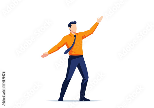 Businessman in orange shirt and blue pants standing with arms outstretched
