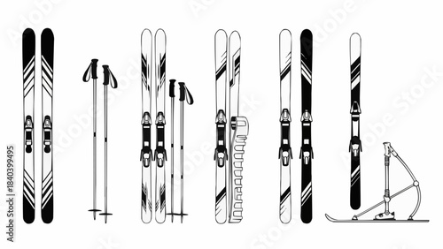 Various types of ski equipment including skis and poles for skiing  