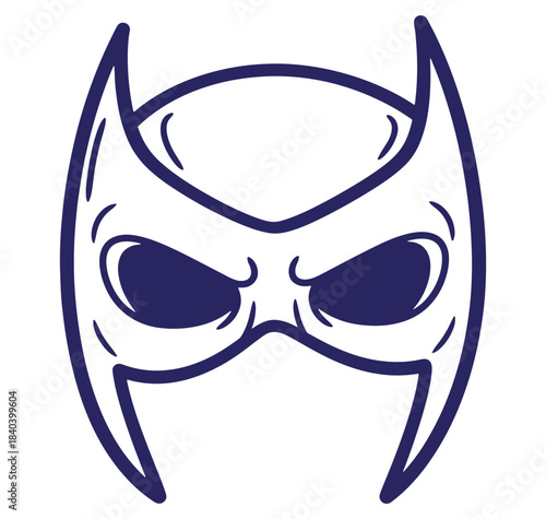 Dark blue superhero mask outline illustration featuring angry eyes and sharp angles