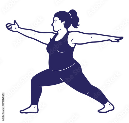 Curvy woman practicing yoga warrior two pose demonstrating exercise and well being