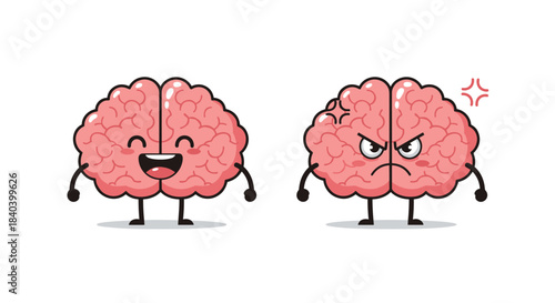 Two cartoon brains stand side by side showing opposite moods with one smiling brightly and the other scowling angrily to depict contrast in emotion.
