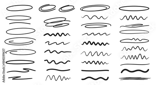 Diverse collection of hand drawn sketch lines including ovals loops zigzags and wavy curves in a scattered grid on a white background.