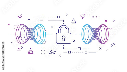 Abstract illustration of secure data transmission with padlock and geometric shapes.