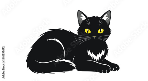Black cat with bright yellow eyes lounges gracefully on a white background its sleek fur smooth and glossy and its alert expression invites calm admiration.
