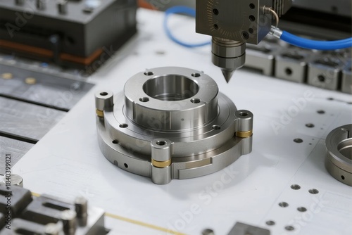 CNC machining process with precision metal component being drilled on industrial workbench