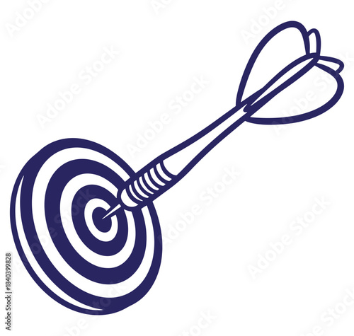 Dart hitting the bullseye in a simplified outlined illustration on a white background