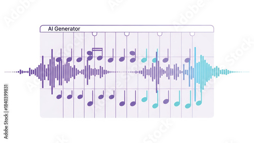 AI Generator interface displaying musical notes and sound waveforms, illustrating artificial intelligence in music creation.