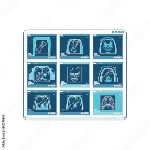 Digital display showing multiple medical X-ray and CT scans of human bones and internal organs for diagnostic analysis.