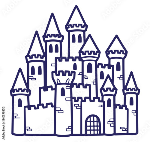 Decorative medieval castle illustration with towers turrets and fortress architecture