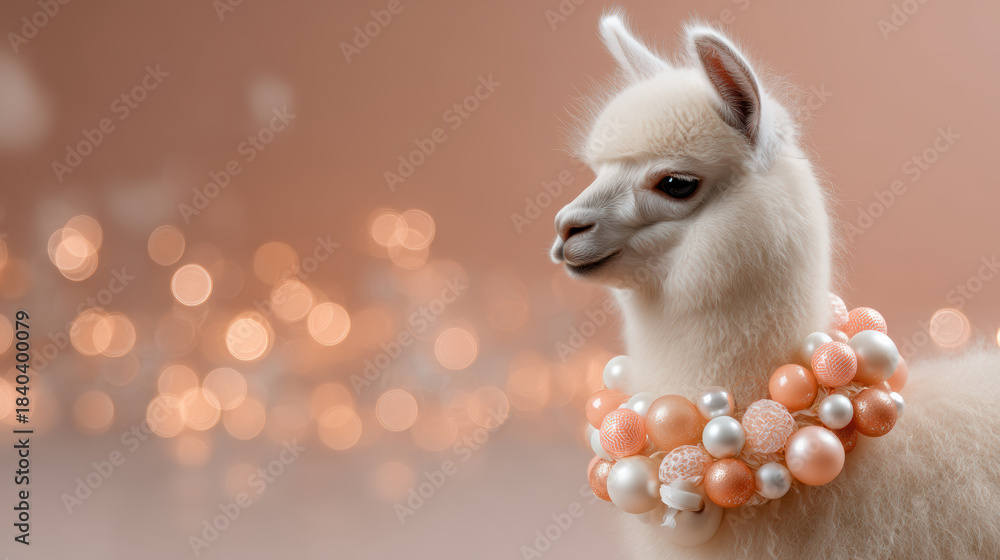 Naklejka premium Calm and charming fluffy white llama adorned with pastel bauble wreath. This cute young alpaca has soft focus bokeh light background
