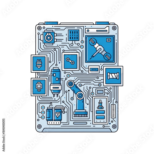 Detailed illustration of a complex circuit board with integrated robotic and mechanical components in blue and grey.