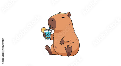 Beaver sits contentedly in a relaxed pose while sipping a cold lemon flavored beverage through a straw under a bright white background.