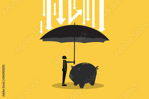 Businessman holding umbrella over piggy bank. Financial protection of money savings by business person. Insurance concept for banner, website design or landing web page
