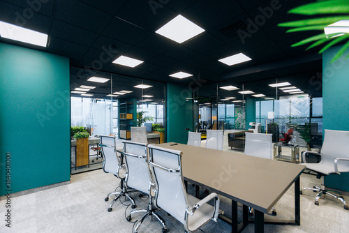 Contemporary Workspace With City Views, Stylish Open Workspace Featuring Ergonomic Furniture And Glass Walls