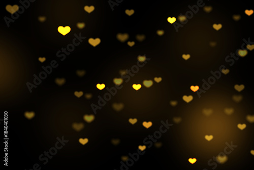 Yellow Heart Bokeh Background, Romantic Glowing Light Overlay on Black, Falling Heart Bokeh Lights, Heart-Shaped Bokeh