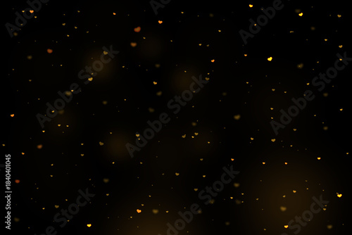 Yellow Heart Bokeh Background, Romantic Glowing Light Overlay on Black, Falling Heart Bokeh Lights, Heart-Shaped Bokeh