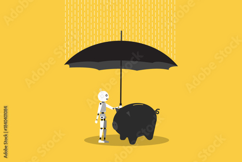 Robot hold an umbrella over a piggy bank in the rain, Protection of savings and assets through technology and innovation