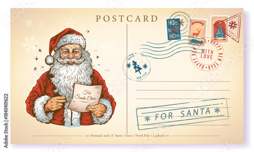 Retro-style Christmas card featuring an envelope for a letter to Santa Claus, with postage stamps and seals. Vector vintage illustration isolated on a white background