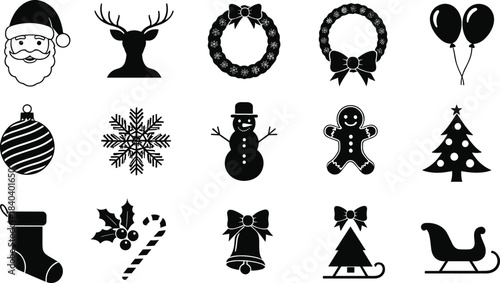 Black and White Christmas Holiday Icons Set Silhouette Featuring Santa, Reindeer, and Xmas Tree Vector Collection
