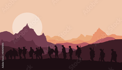 Determined soldiers march across rugged terrain toward a massive sun setting behind dramatic mountain silhouettes