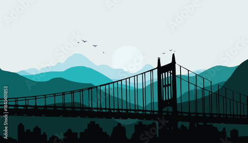 Stunning minimalist suspension bridge silhouette against layered teal mountains during bright sunrise glow