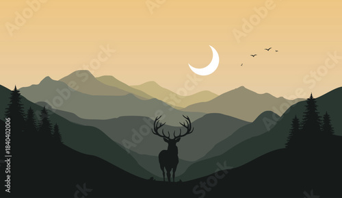 Stunning silhouette of majestic stag against layered mountains under a pale crescent moon at dusk