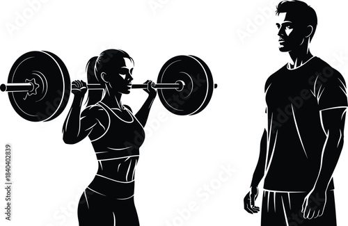 Fitness Silhouette Vector Illustration of Woman Lifting Barbell and Athletic Man Standing Isolated on White Background