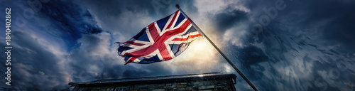 4K HD Ultra Wide Panoramic National Flag Background  - Dramatic British flag waving under a cloudy sky