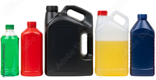 Collection of various automotive fluids in plastic bottles isolated on transparent background