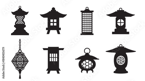 a collection of ornate japanese lanterns in varied designs presented as black silhouettes on transparent background high quality professional detailed modern elegant stylish clean crisp vibrant