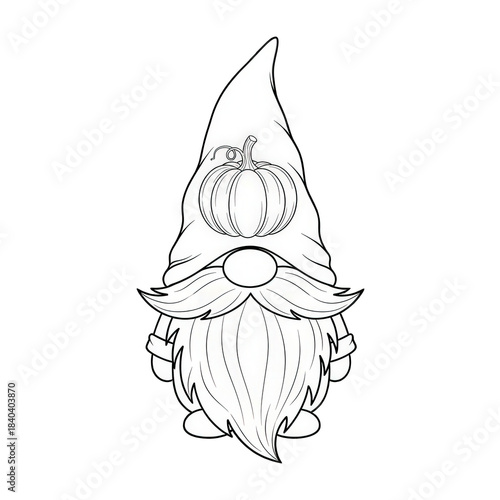 Black and white illustration of a gnome with a pumpkin on his hat outdoors