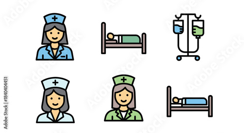 Medical Icons Set - Nurses, Patients, and IV Drip.