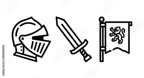 Medieval Knights Armor, Sword, and Lion Rampant Flag Icons.