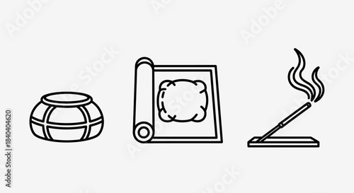 Meditation and Relaxation Icons - Bowl, Mat, and Incense Stick.