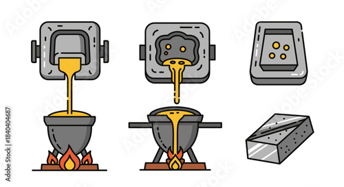 Metal Casting Process Illustration - Molten Metal Pouring and Solidification.