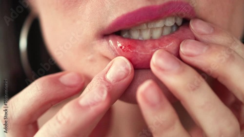Close-up of a woman showing a painful mouth ulcer on the inside of her lower lip, highlighting oral health issues, mucosal inflammation, and dental care problems