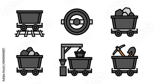Mining Cart Icons - Coal, Tools, and Industrial Equipment.