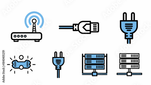 Network and Connectivity Icons - Router, Cables, and Server Symbols.