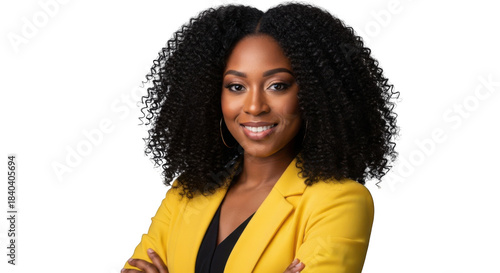 Confident black woman in yellow blazer smiling with arms crossed professional portrait transparent background