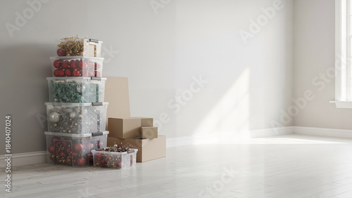 Stacked storage bins and cardboard boxes in empty room with light  