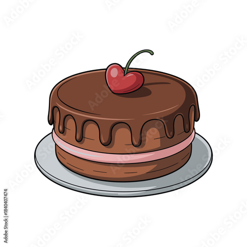 A delectable chocolate cake is adorned with a cherry, set on a simple round plate.
