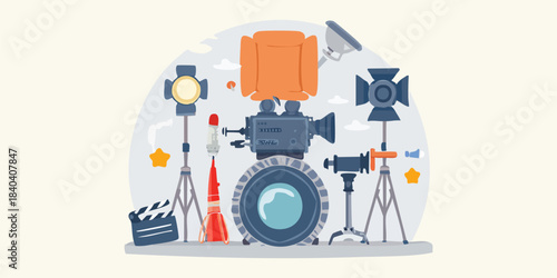 A collection of filmmaking equipment and props, including cameras, lights, and film clapperboard, set against a sky backdrop
