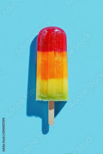 A vibrantly colored, layered popsicle with a wooden stick casts a shadow on a blue backdrop