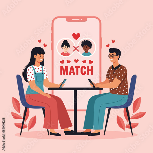 Cute illustration of a couple on a date after matching on a dating app. Romantic, modern, and perfect for themes of online dating, relationships, love, and digital communication.